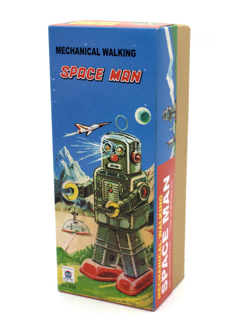 Space Mam mechanical tin robot is a great addition to any robot collection. Silver with Antenna feature. Wind him up and watch him walk