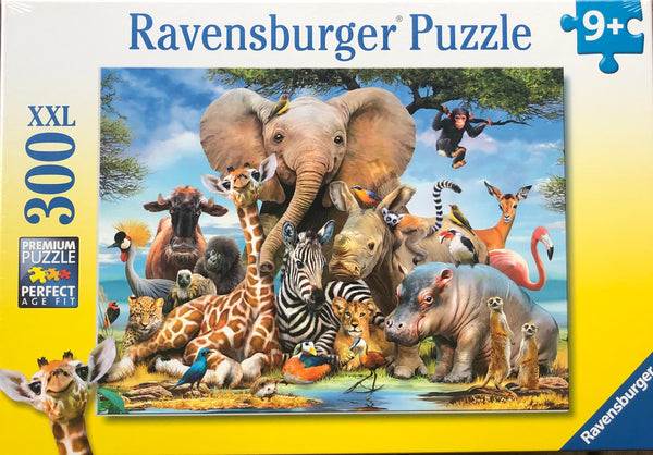 A puzzle that makes you smile. African animals at the waterhole. Size puzzle 59 x 36 cm Recommended age 9+