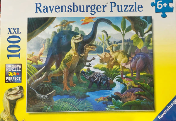 Ravensburger puzzle for 6 years+. Wonderful image of dinosaurs moving in the wild jungle. very coloured and detailed 