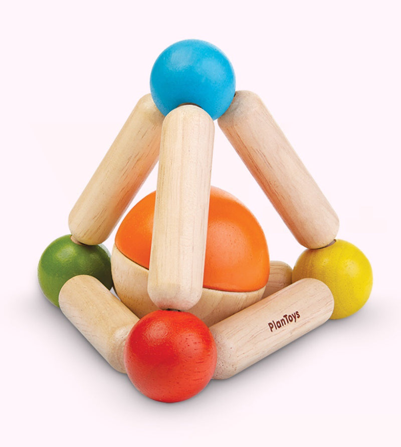 a pyramid shaped wooden baby rattle with natural edges and wooden coloured beads on each point