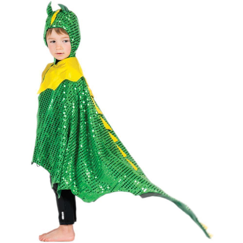 a child wears a green sequinned dragon cape costume with yellow satin spikes