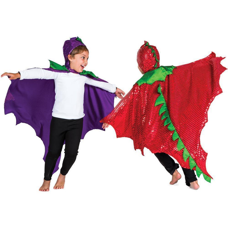 two kids play wearing their sequinned dragon dress up capes in red and purple