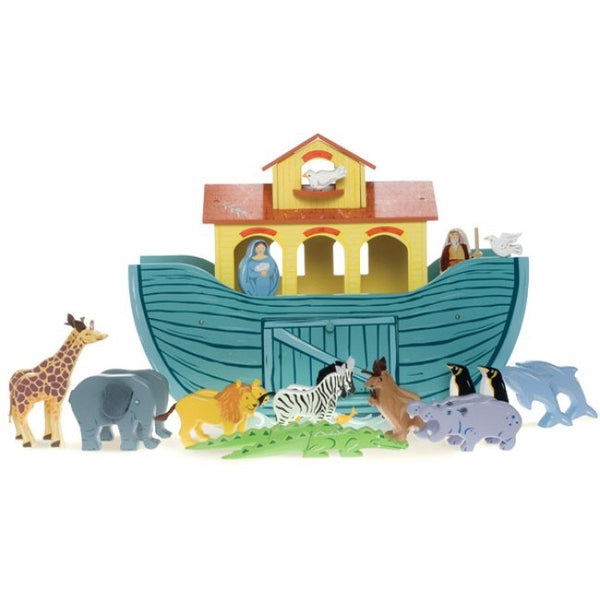 A big beautiful painted wooden ark that houses 10 pairs of hand finished painted wooden animals, Noah and his wife. A sliding panel in the hull and hinged front hatch allow the animals to go in 2 by 2 .