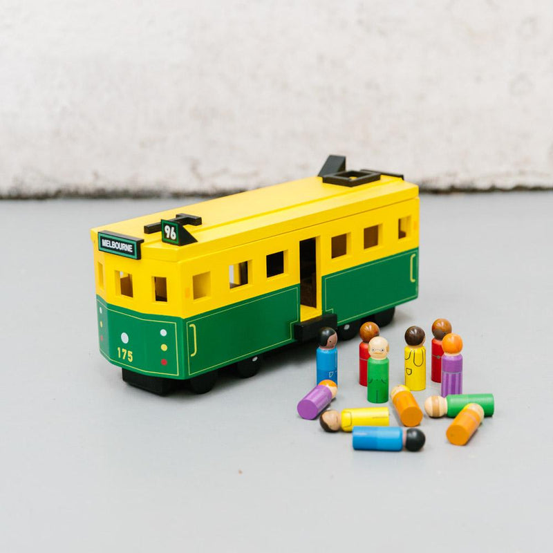 A iconic melbourne tram, green and yellow with coloured wooden passengers. A fantastic gift for melbourne tram enthusiasts,number 96 tram . Great play value for age 3 +