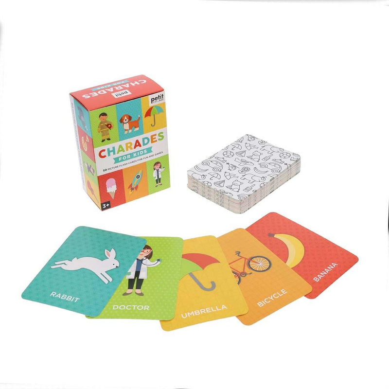 A picture of the game charades for kids by petit collage, 5 cards presented as an example of the charade challenges. Bright color cards and comapct box which is great for travel.