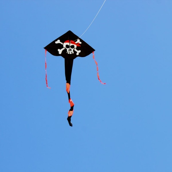 a childrens pirate kite flying high in the sky 