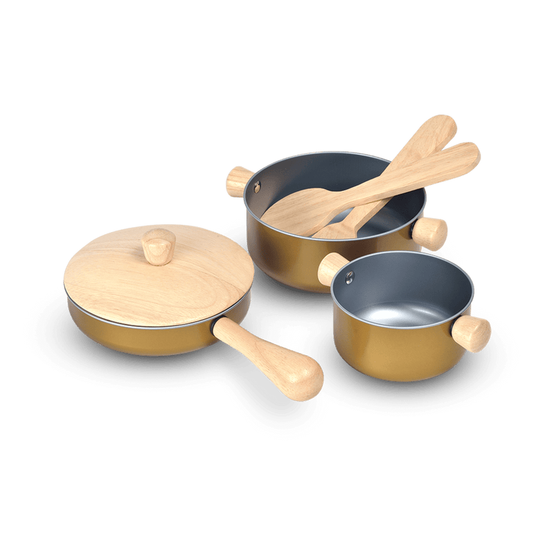 plan toys wooden cooking utensils in natural and gold