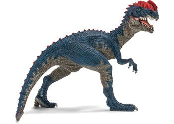 Dilophosaurus has striking bone crests on skull , powerful hind legs and the ability to mov extremely fast . This figurine stands 11cm , length 16cm , width 7cm . A wonderful Dinosaur from Schleich . Recommended age 4-12 years 