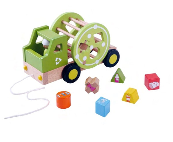 everearth pull along recycling truck for children to learn motor skills and shape sorting, multicoloured