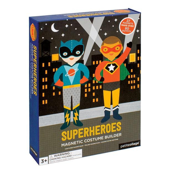 Help these friends get ready for a Superhero day. Choose their outfits and accessories with this hero packed magnetic dress-up set. Includes two magnetic figures, two wooden stands, 27 magnetic pieces and a secret hideout. Create over 80 outfits.