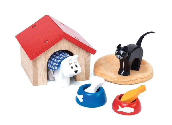 The sweetest little Pet Set. Great for imaginative and creative play. Set includes - wooden Dog & Cat, food & bowls, blanket