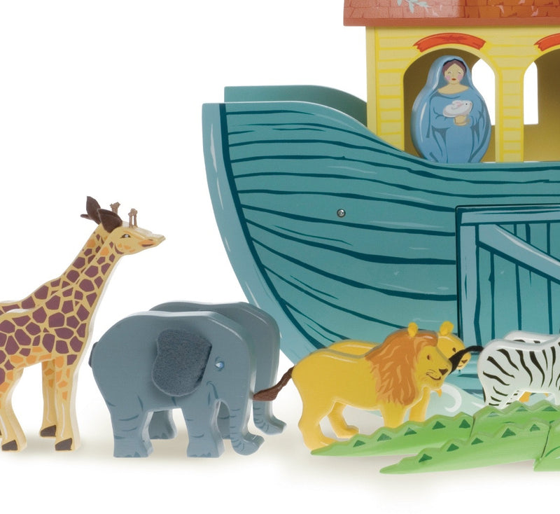 A big beautiful painted wooden ark that houses 10 pairs of hand finished painted wooden animals, Noah and his wife. A sliding panel in the hull and hinged front hatch allow the animals to go in 2 by 2 .