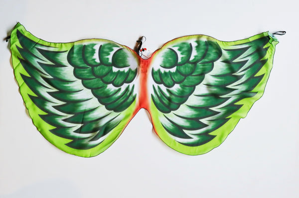 Beautiful bird wings for imaginative play featuring strong green colors with flashes of white and red.