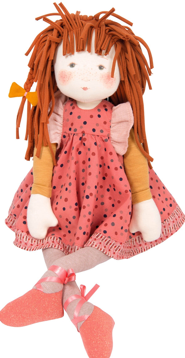 An absolutely gorgeous rag doll wearing a spotted sundress with detail edging.  Very sweet, adorable painted face with Rosie cheeks & freckles, bean bottom for easy sitting